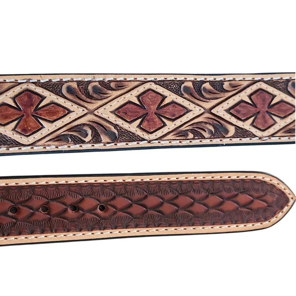 Ranger Belt Co BT1299 Western 2 Tone Leather Belt Diamond Clover Tooled Size 44